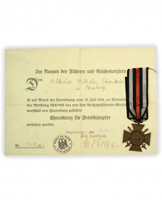 © DGDE GmbH - Ehrenkreuz mit Schwertern für Frontkämpfer 1914-1918 mit Verleihungsurkunde – OLC