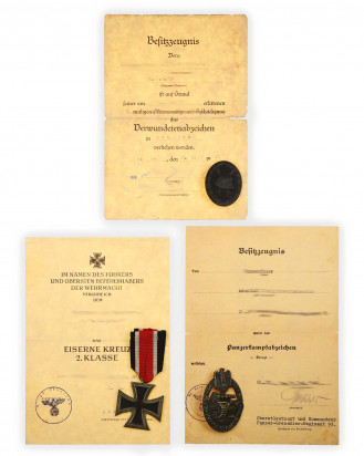 © DGDE GmbH - German 1939 Iron Cross 2nd Class, German Silver Wound Badge (Black), Bronze Grade Panzer Badge in Tombac