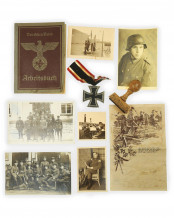 Workbook, photos, field stamp and iron cross