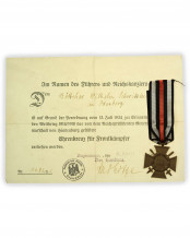 Ehrenkreuz mit Schwertern für Frontkämpfer 1914-1918 mit Verleihungsurkunde – OLC