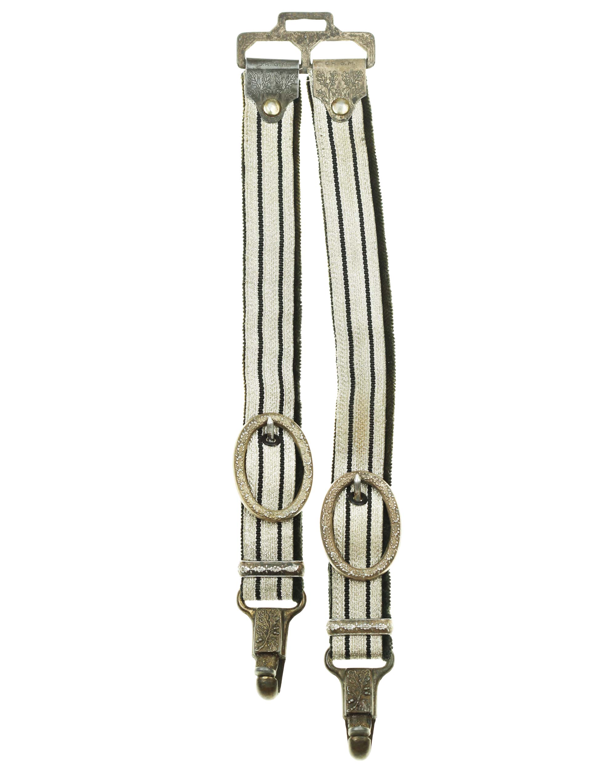Two-piece railway protection hanger with silver-colored straps and oak leaf decoration