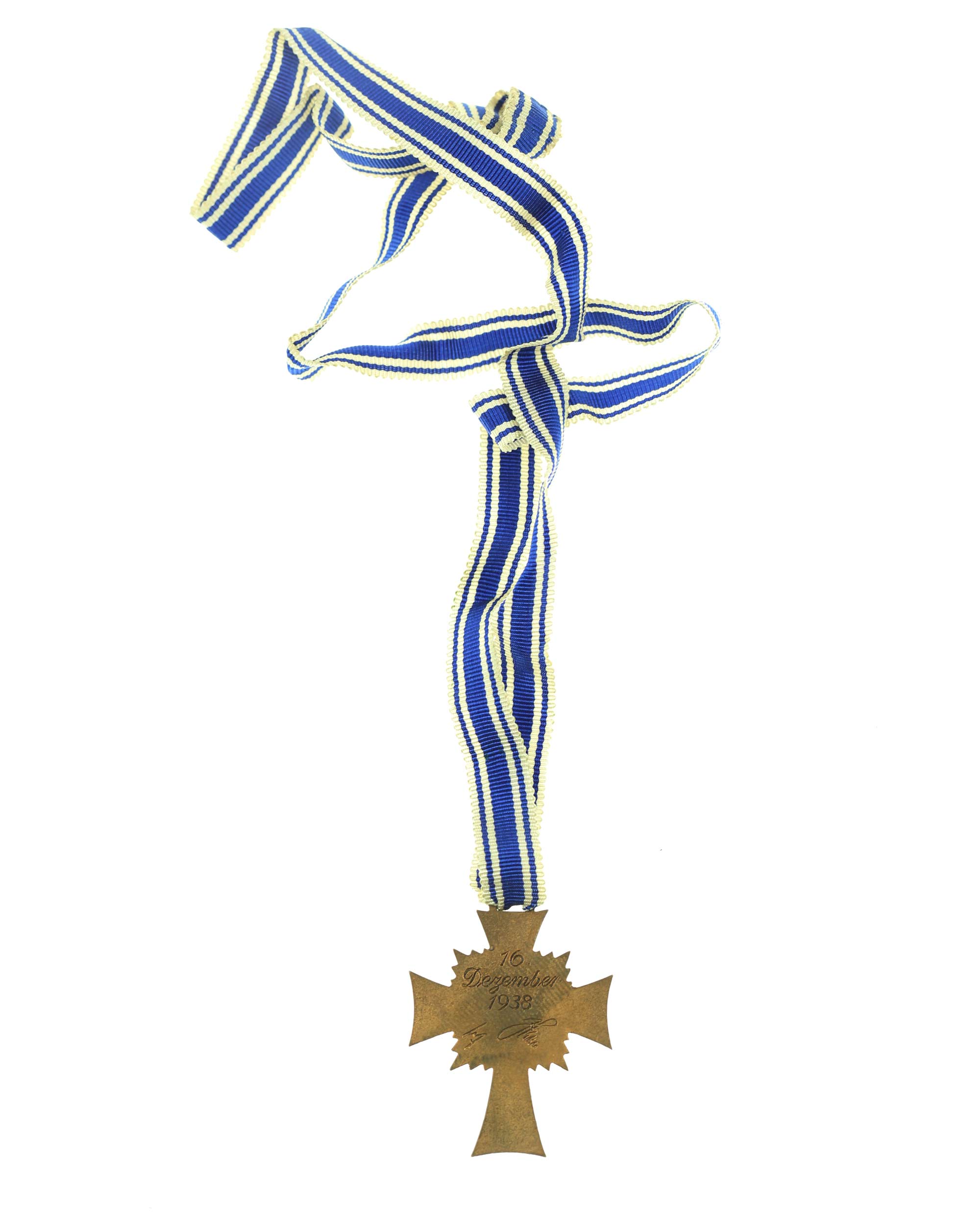 German Mother’s Cross Bronze – reverse with inscription 16 December 1938 Adolf Hitler