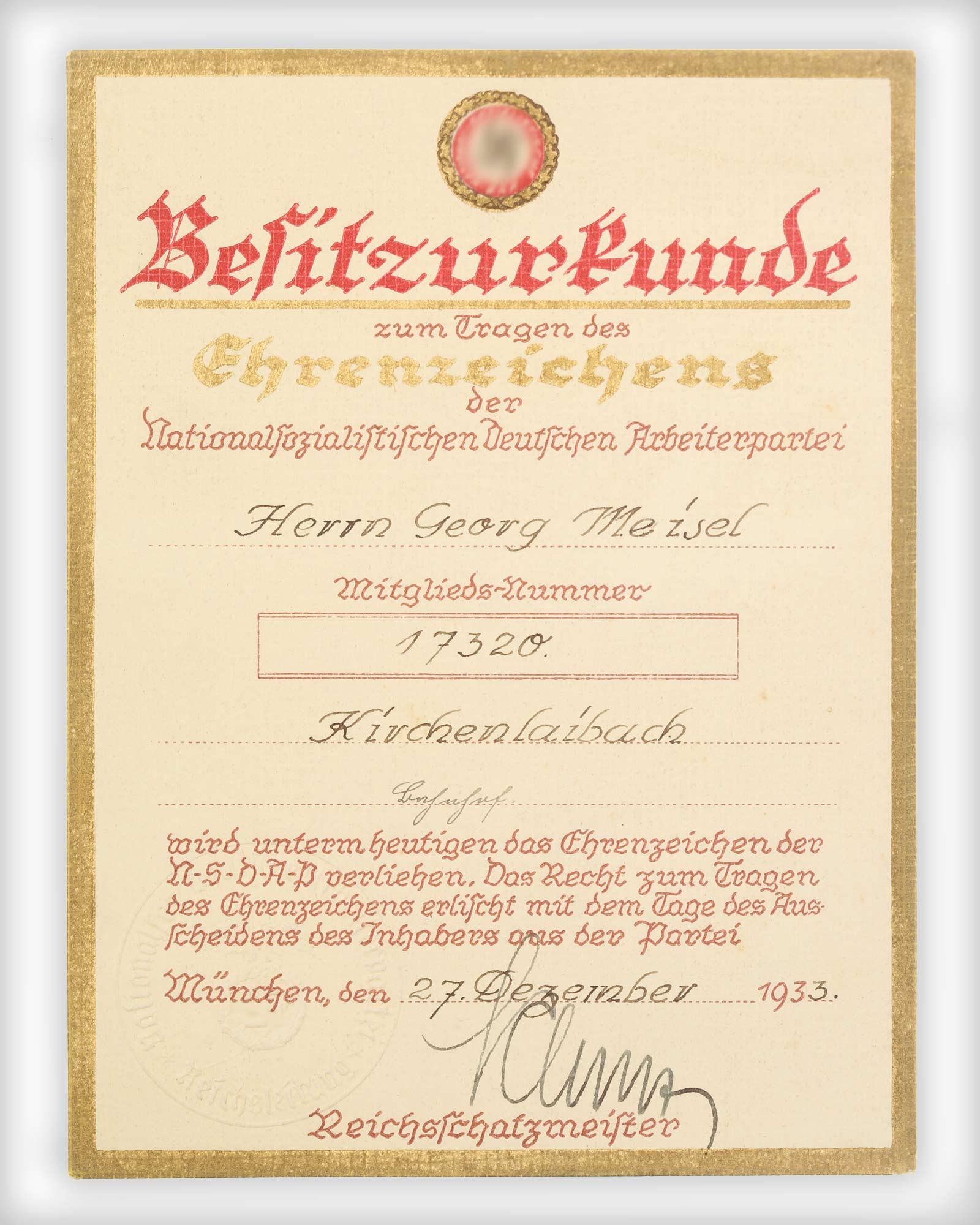 Besitzurkunde Goldenes Ehrenzeichen der NSDAP Georg Meisel vom 27. Dezember 1933 – DG.de