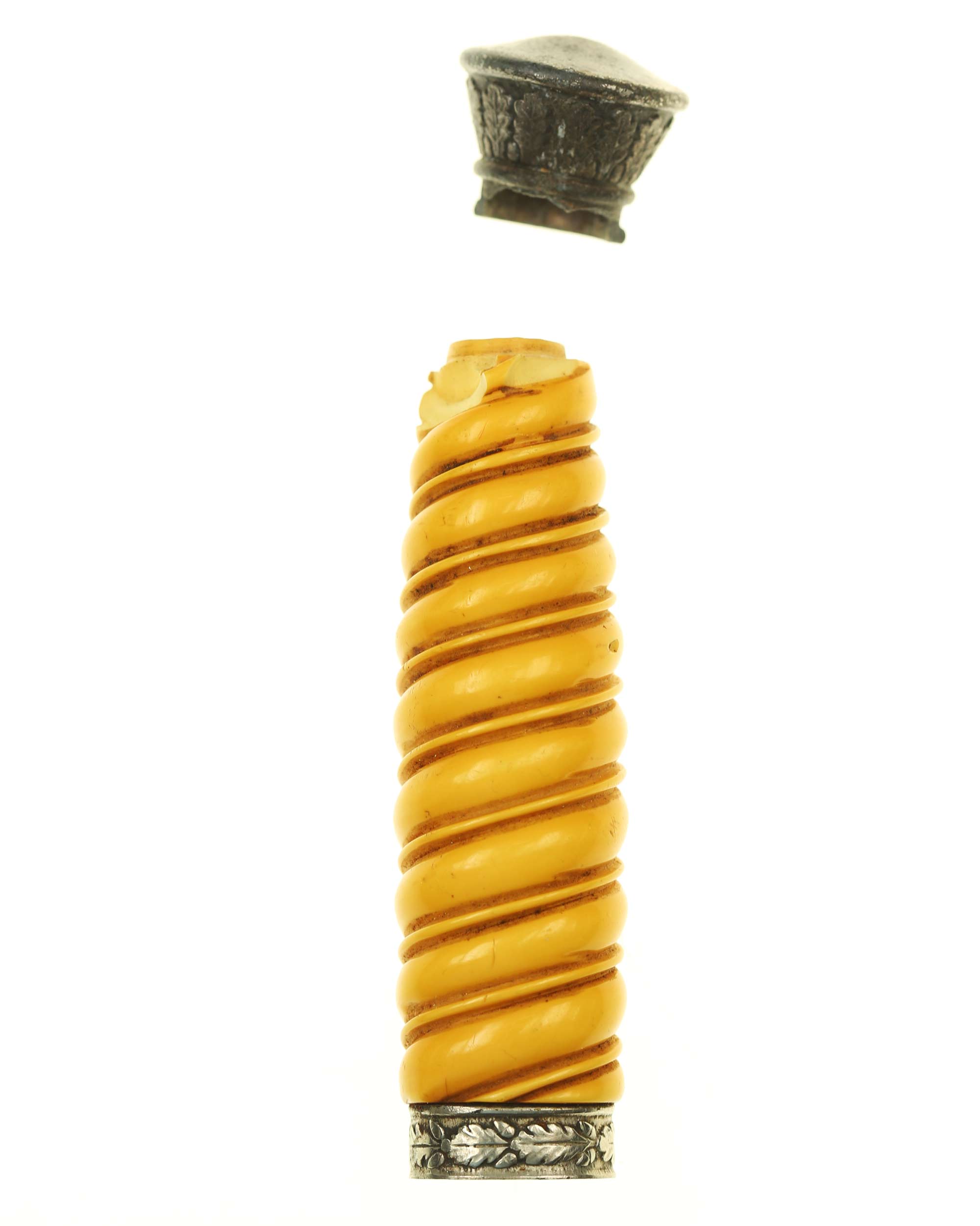 Damaged grip assembly for Army Officer’s Dagger with orange grip and pommel detail view