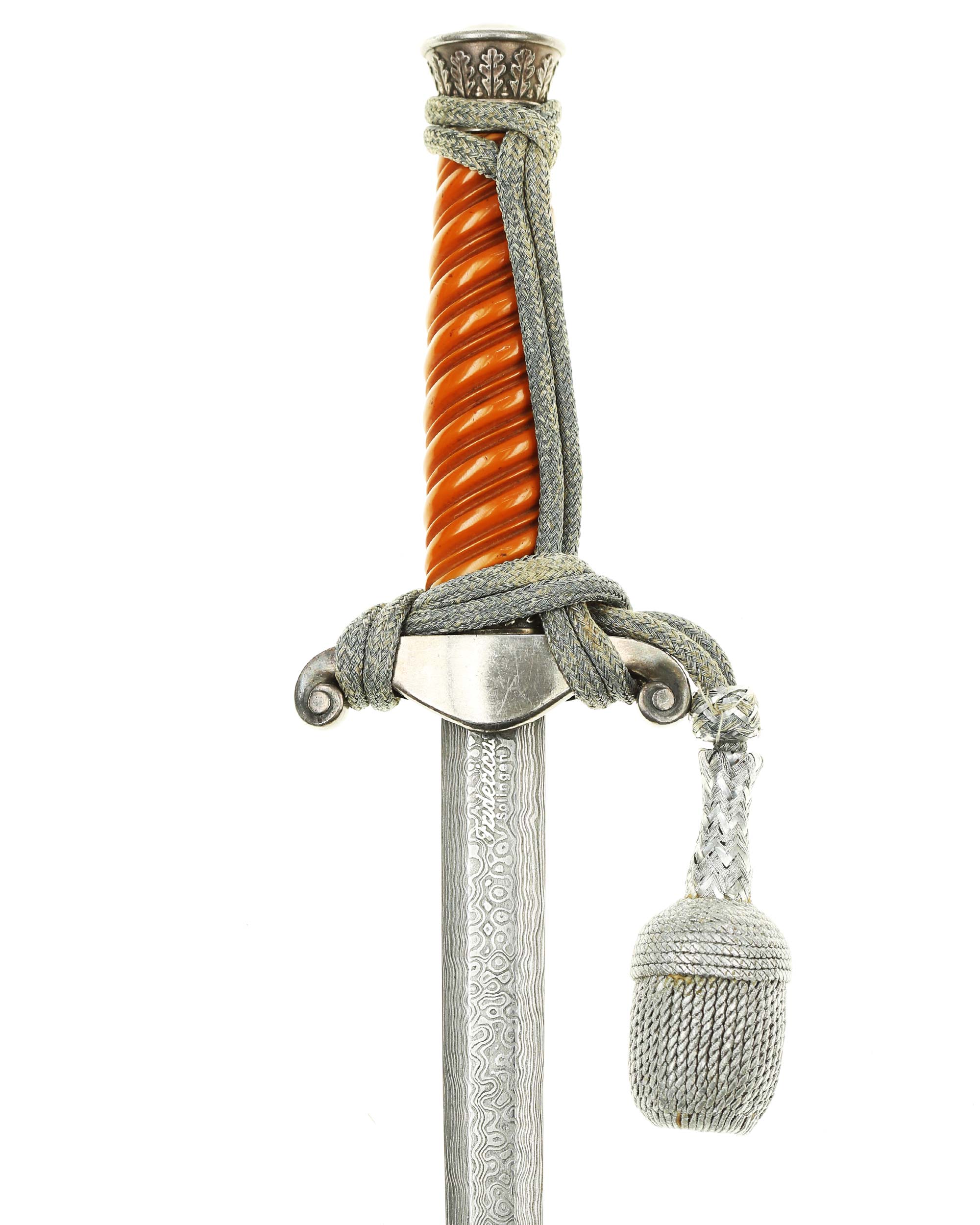 Army Officer’s Dagger – detail of damascus blade and leather buffer pad