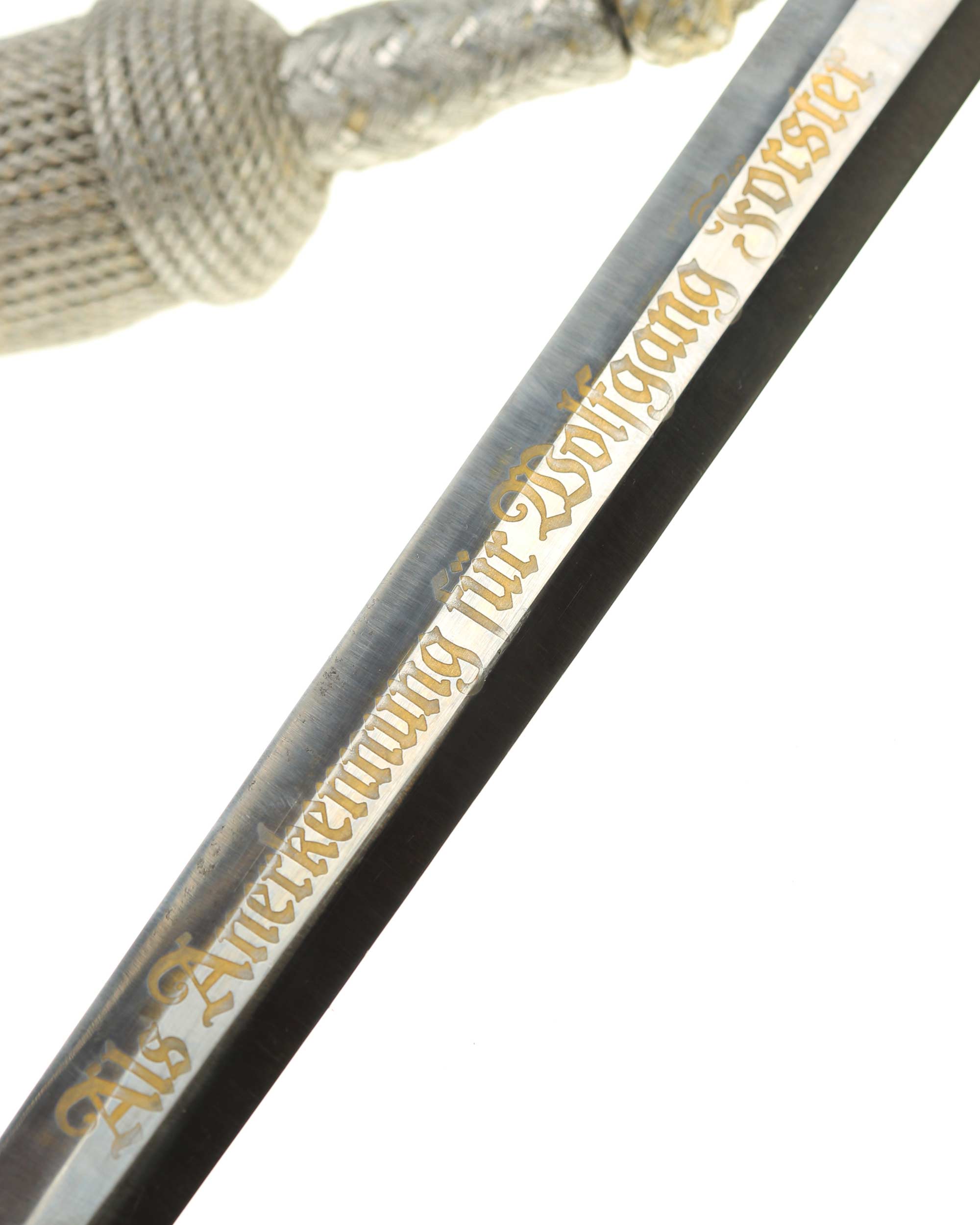 Army officer dagger – detail of dedication etch and junction to lower guard (buffer pad present)