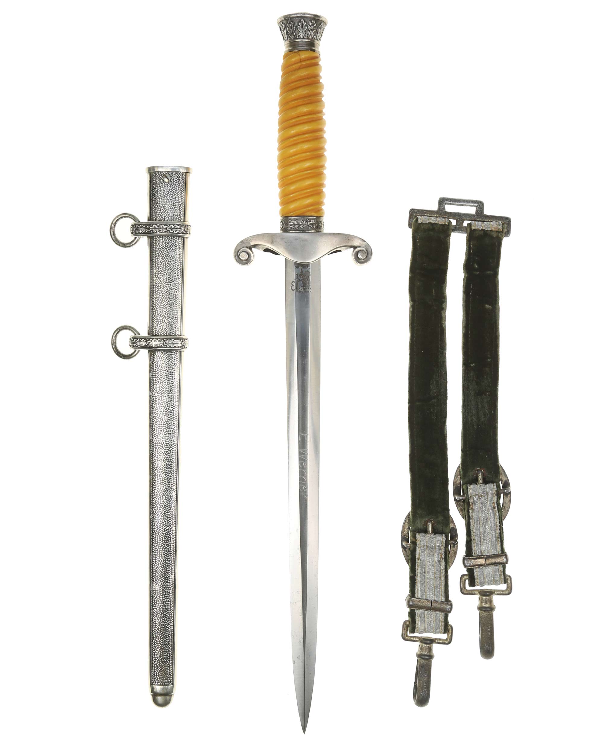 Heeres-Offiziersdolch 1935 – Griff aus orangem Trolon mit Kanneluren, Adler-Parierstange