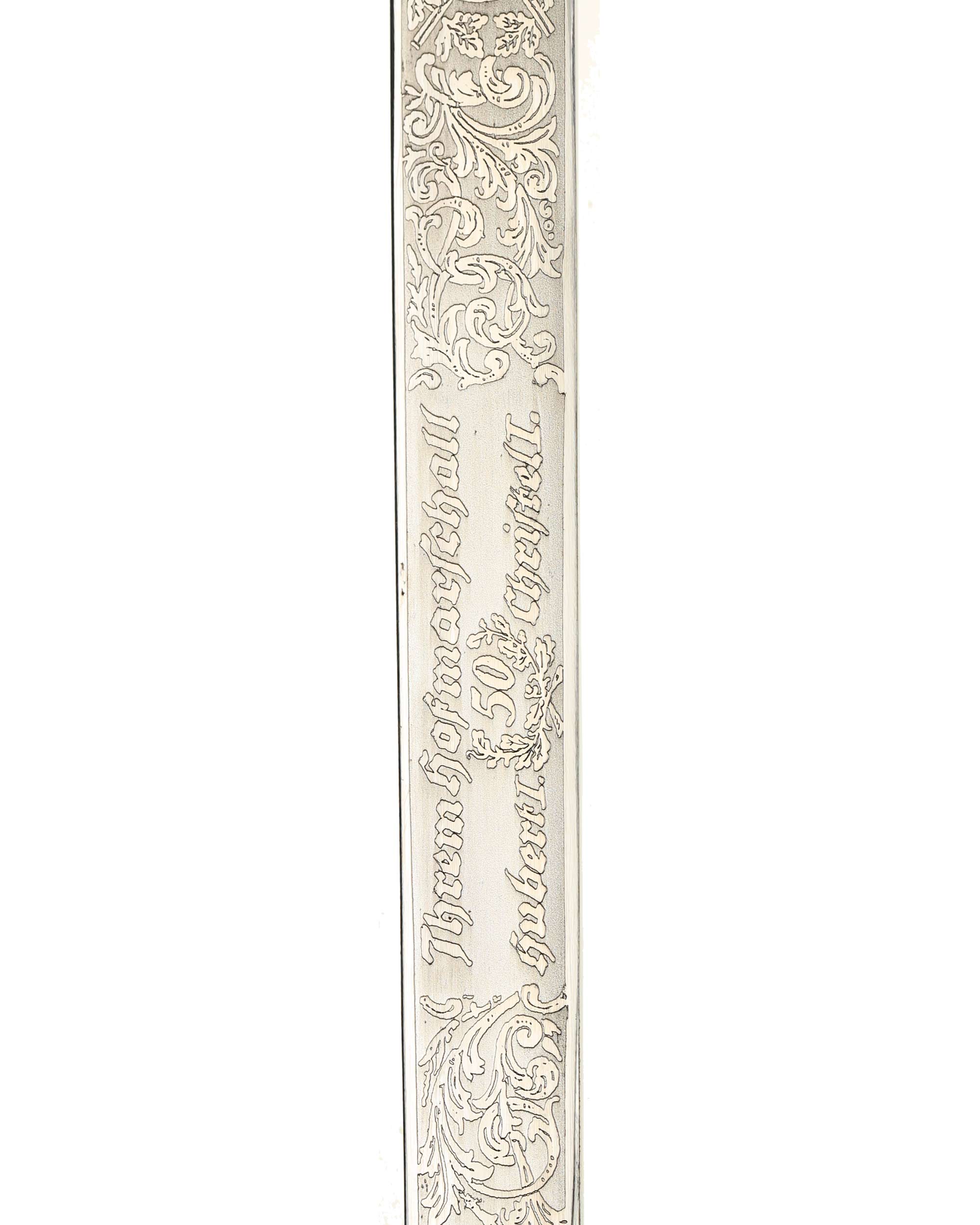 Dedication Ihrem Hofmarschall 50 Hubert I Christel I on the Hunting Cutlass blade