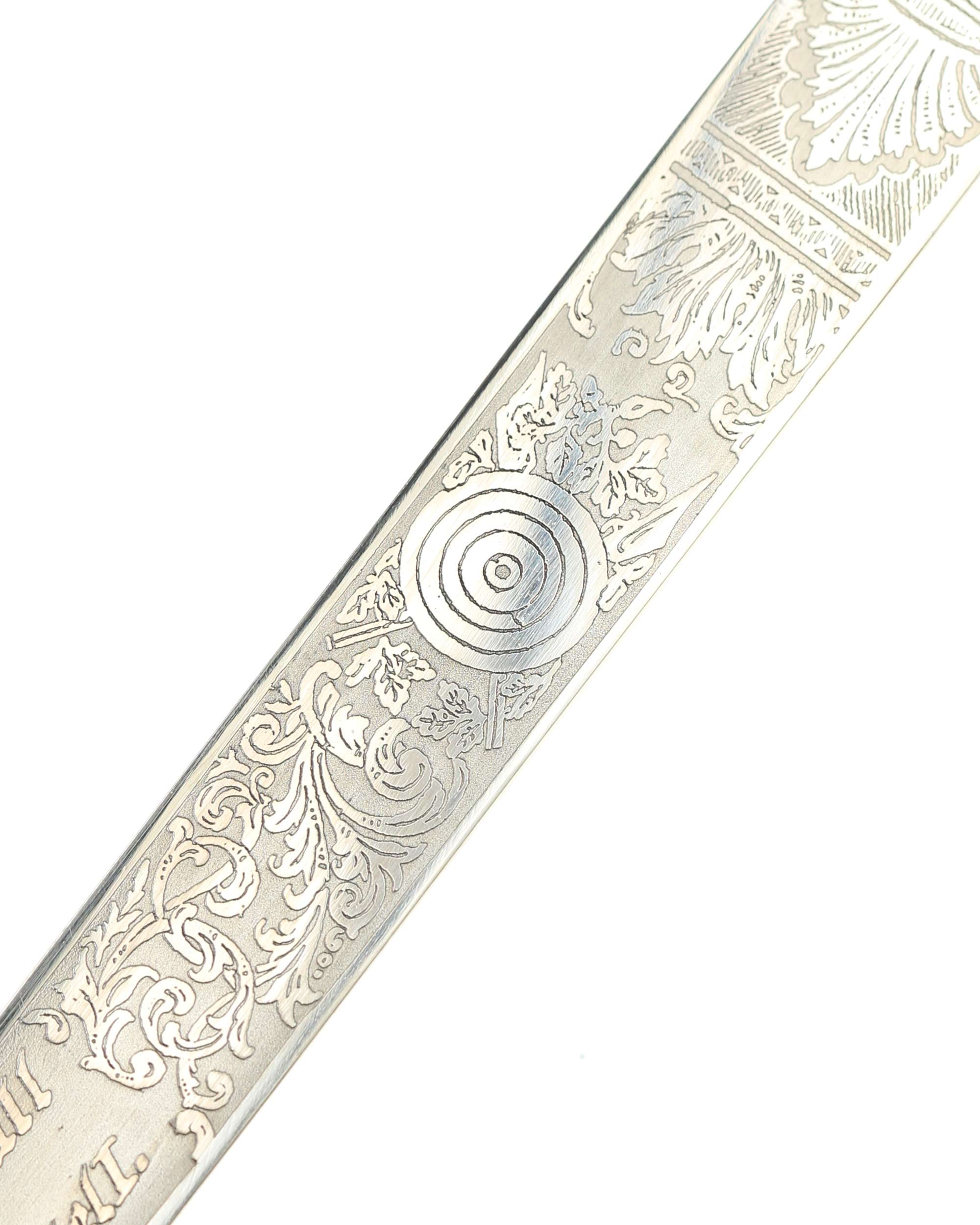 Hunting and ornamental etching on the blade of the Honor Hunting Cutlass