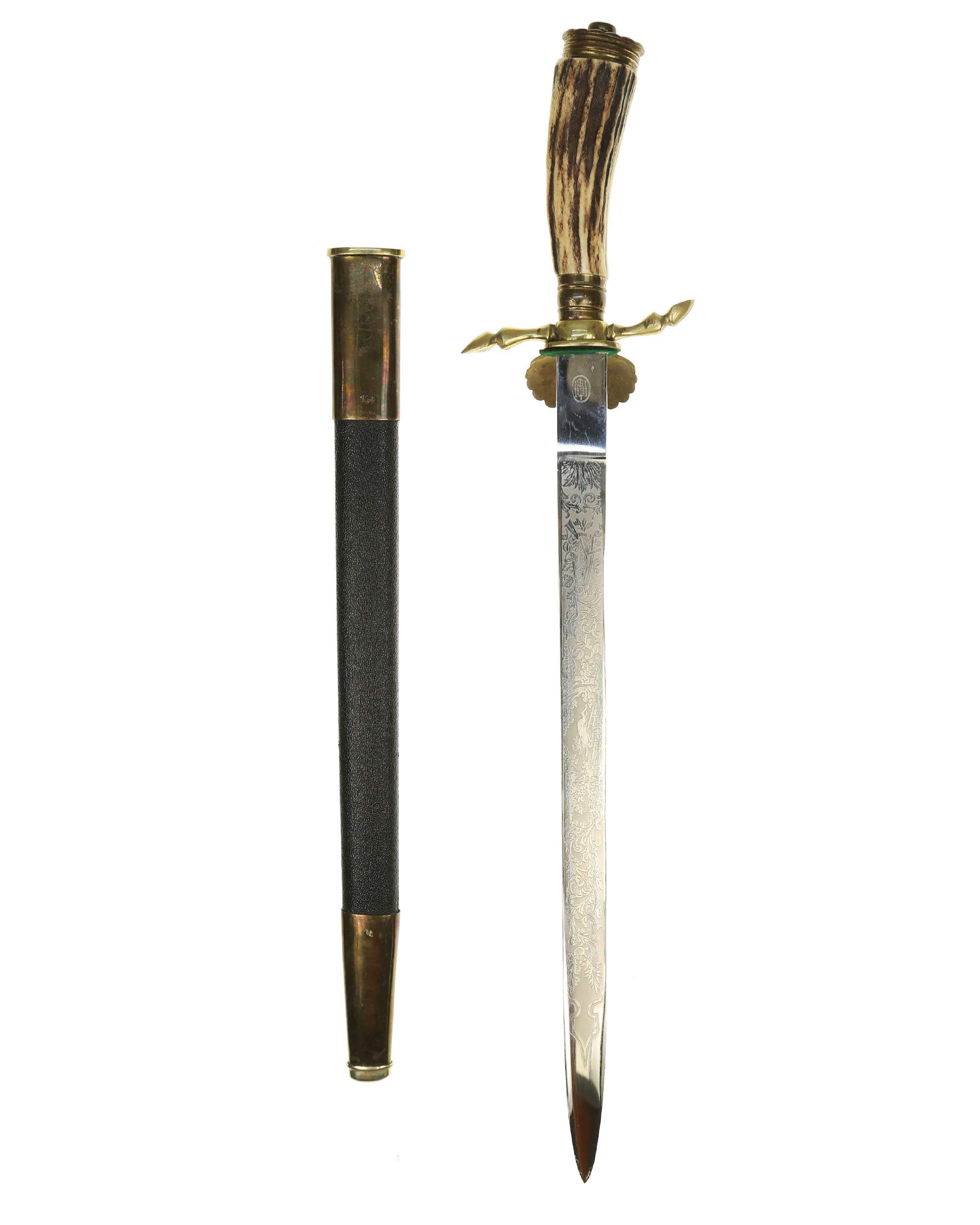 Reverse side of Honor Hunting Cutlass with stag horn grip and etched blade