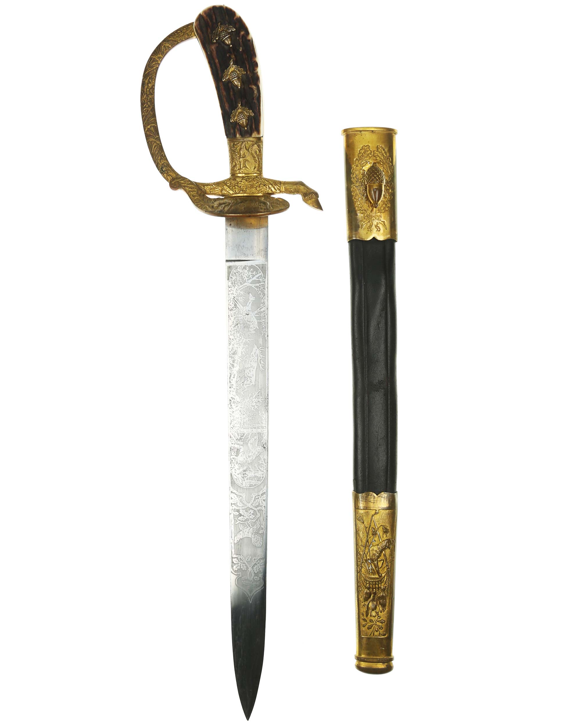 Forester’s cutlass – stag grip plates with applied acorns and Eickhorn squirrel