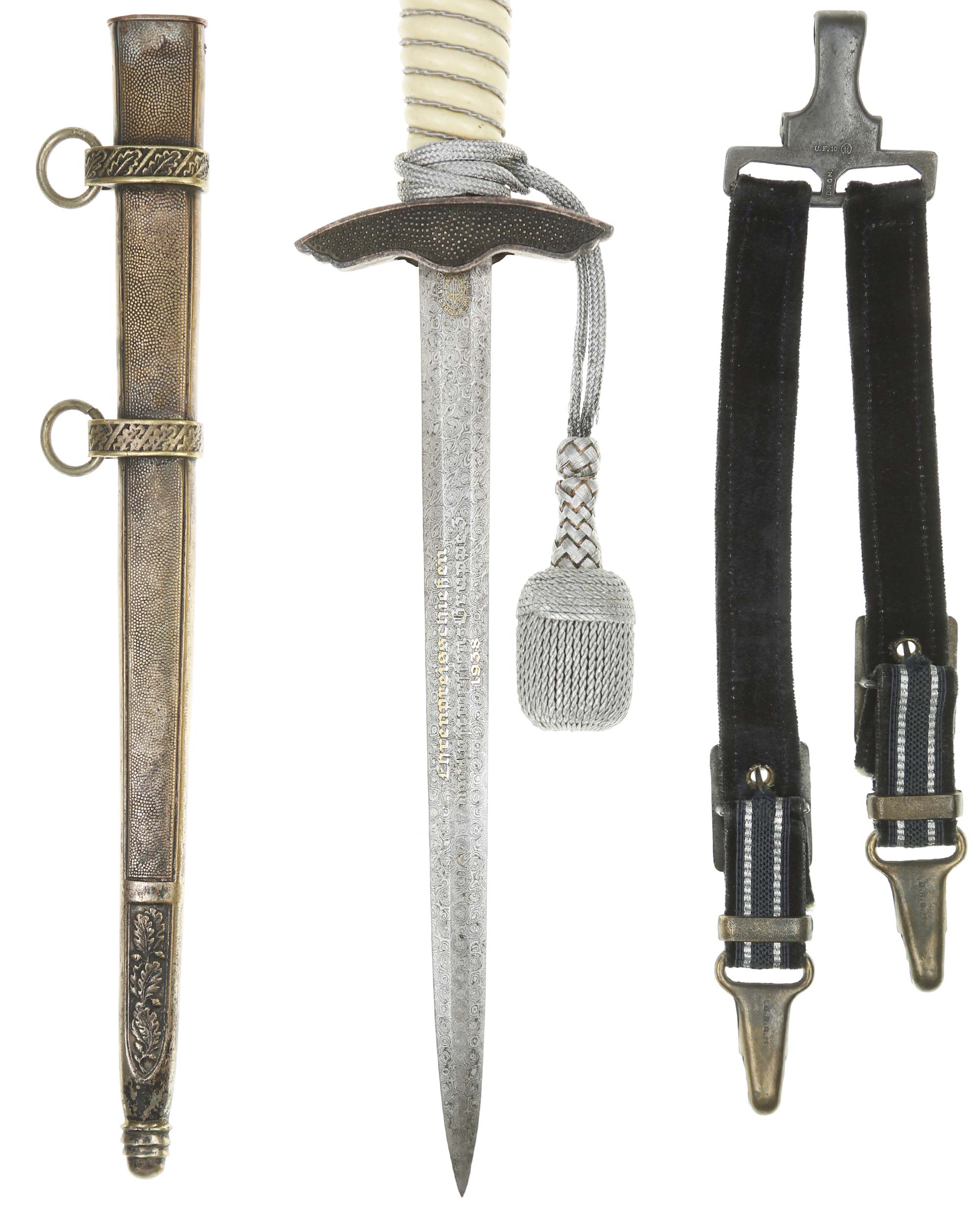 Luftwaffe Officer’s Dagger M1937 luxury presentation version with Damascus blade, scabbard, hanger and portepee