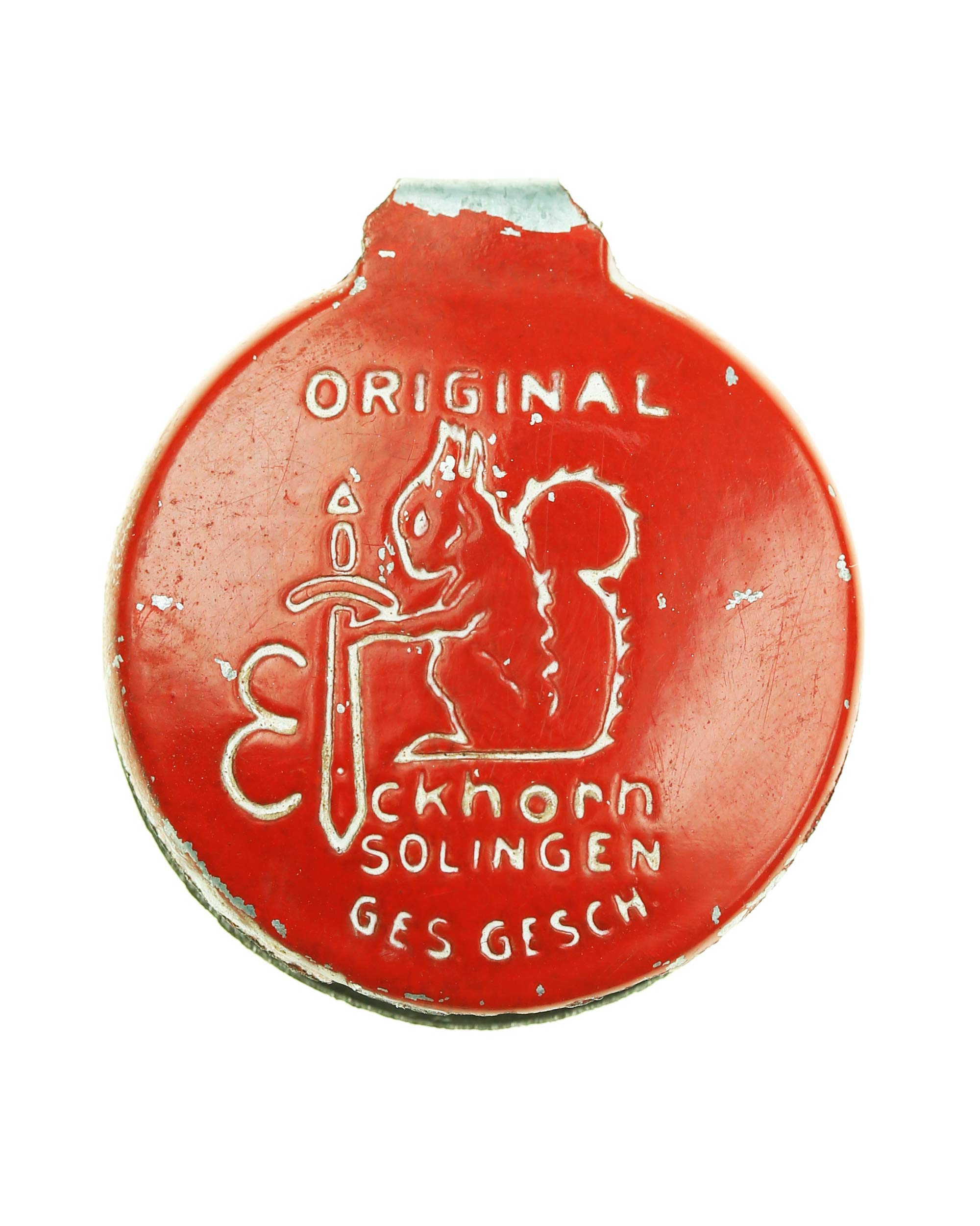 Red Eickhorn control tag – reverse stamping detail