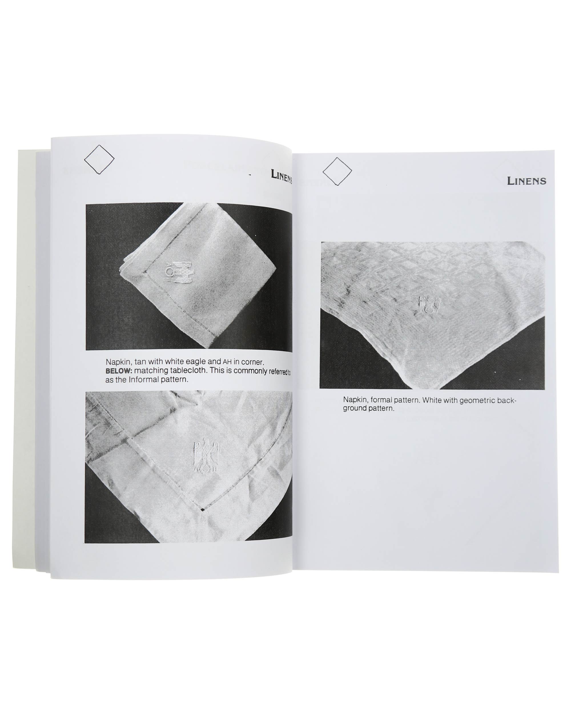 Пример страницы из книги: Linens / столовое бельё – скатерть и салфетка с монограммой AH (сравнительные иллюстрации)