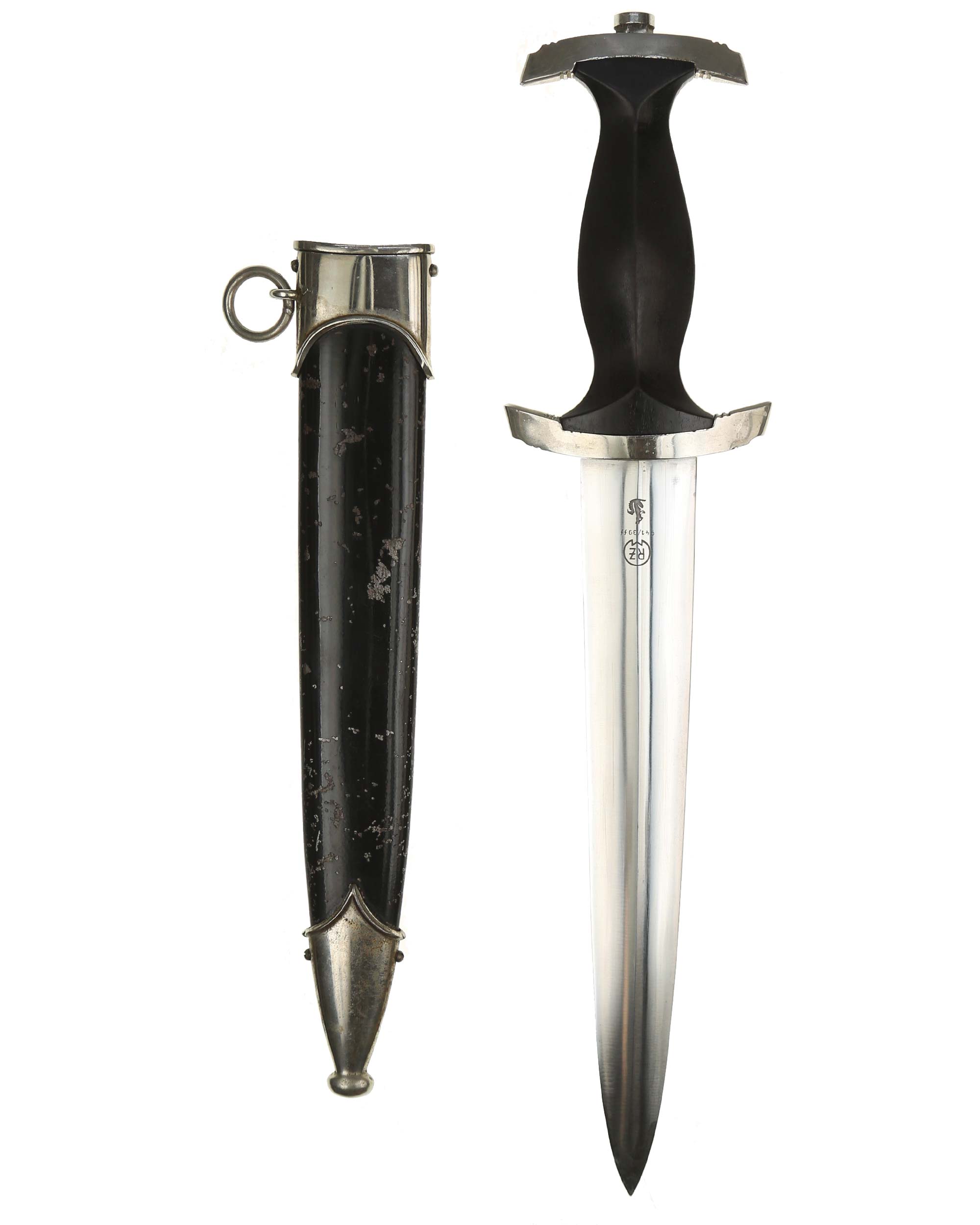 SS service dagger by Carl Eickhorn Solingen with black grip, bright blade and lacquered scabbard