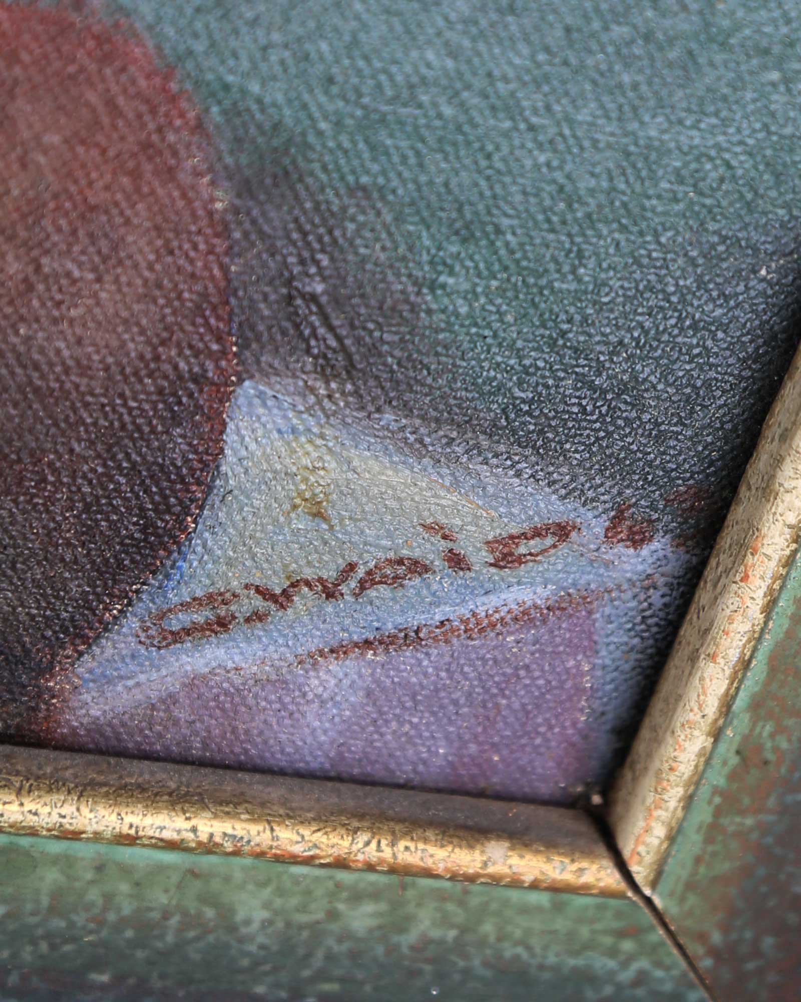 Rückseite des Ölgemäldes mit Rahmen und Aufhängung