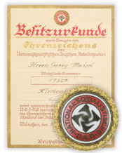 Golden Badge of Honour of the NSDAP awarded to Georg Meisel (No. 17320) with certificate of ownership
