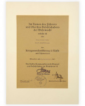 Verleihungsurkunde - Kriegsverdienstkreuz 2.Klasse 1939 mit Schwertern Karl Hoeffelmann